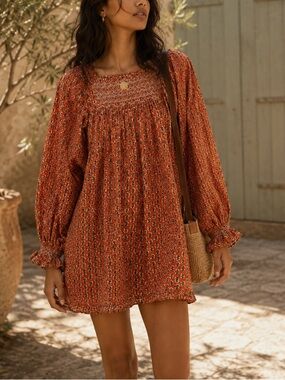 DOEN Estee Smocked Mini Calico Blooms Orange Print | M